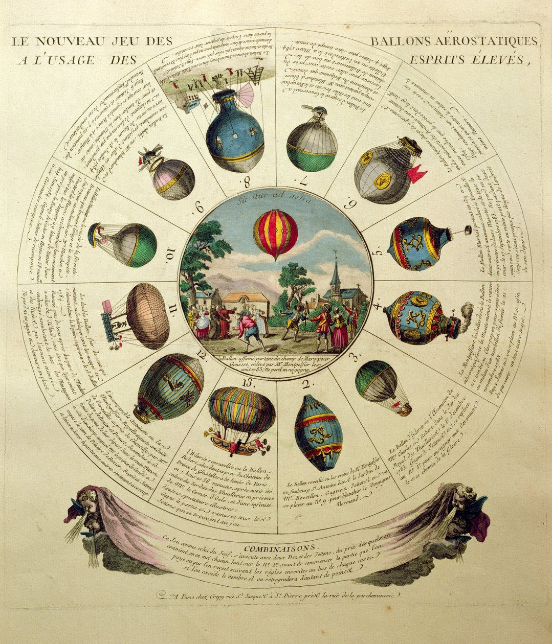 Gra balonowa z ilustracjami różnych balonów na ogrzane powietrze, ok. 1784 r. autorstwa French School