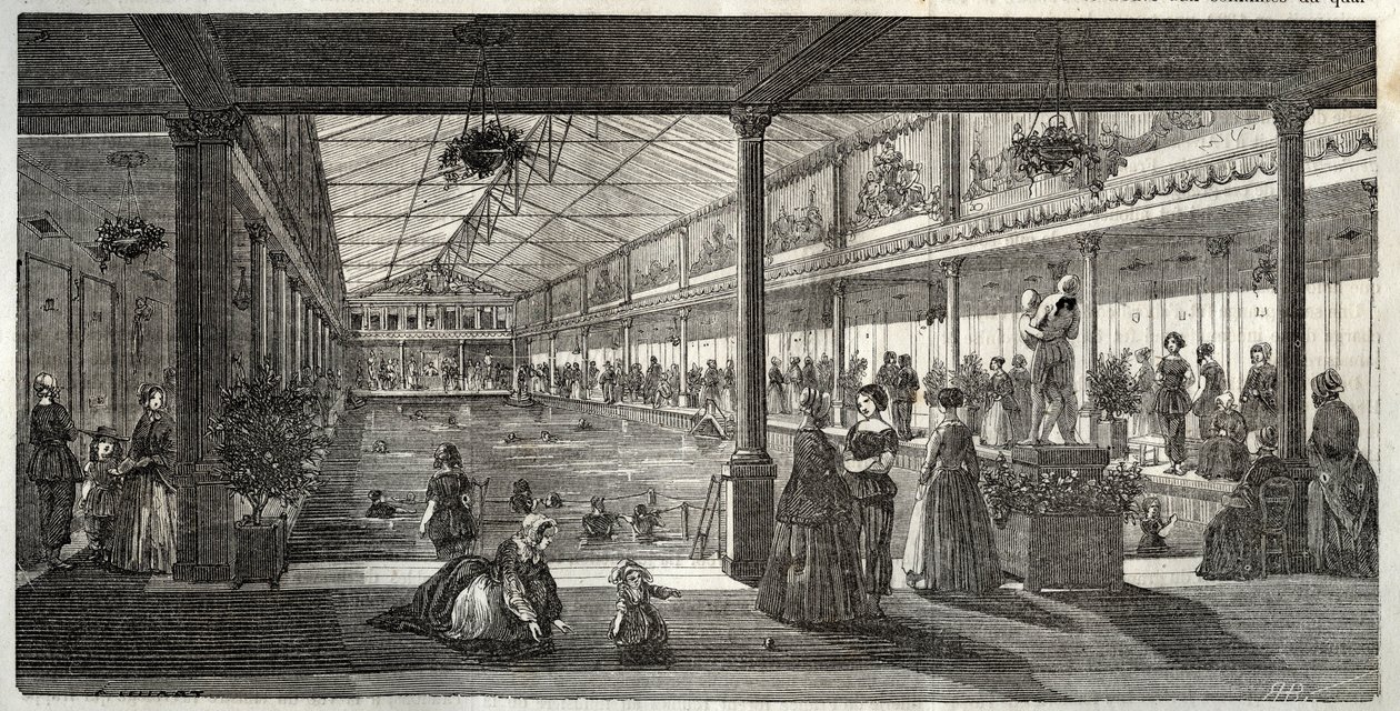 Łaźnie w hotelu Lambert, Ile Saint-Louis, Paryż, połowa XIX wieku - Hotel Lambert, Ile Saint-Louis, szkoła pływania dla pań - Bain Lambert - - Grawerowanie w „Tableau-de-Paris” autorstwa Edmonda Texiera 1852 autorstwa French School