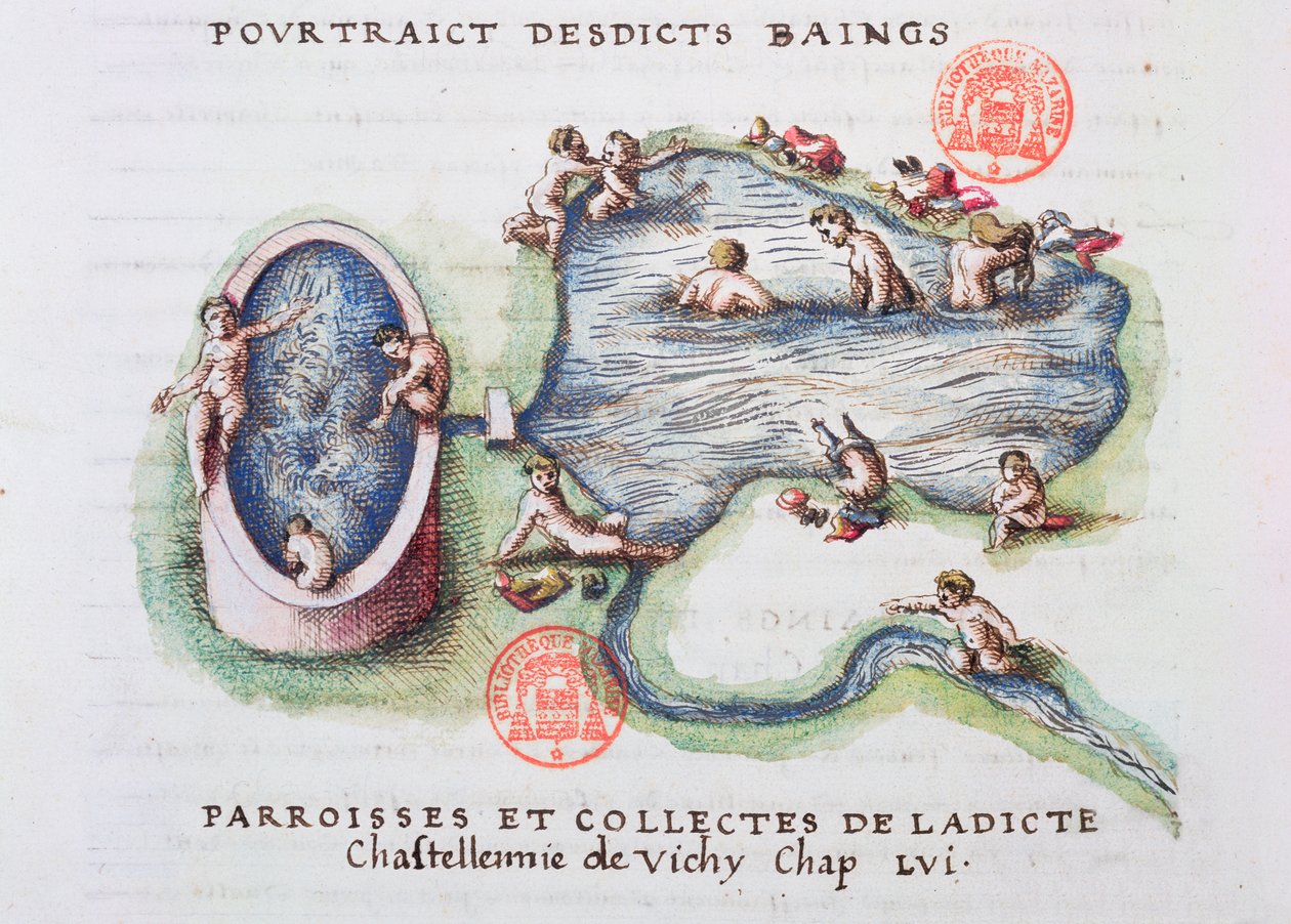 Łaźnie w Vichy, z Generale Description du Bourbonnais autorstwa Nicolasa de Nicolay (1517-83) 1569 (wc na papierze) autorstwa French School