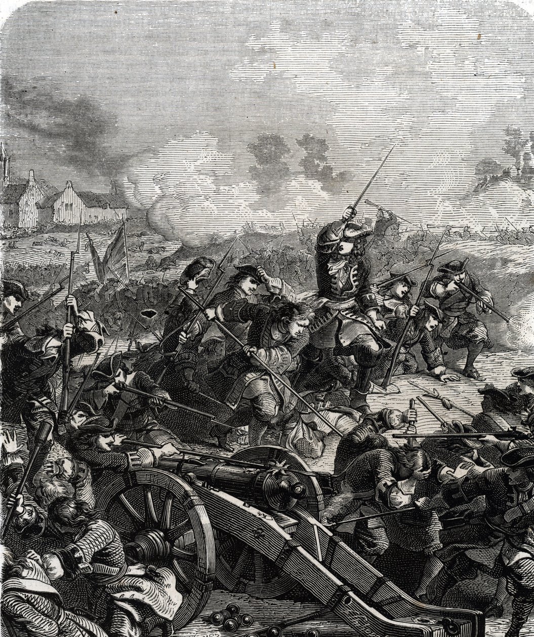 Bitwa pod Landen lub Neerwinden toczyła się w dzisiejszej Belgii w dniu 29 lipca 1693 podczas wojny dziewięcioletniej (grawerowanie) autorstwa French School