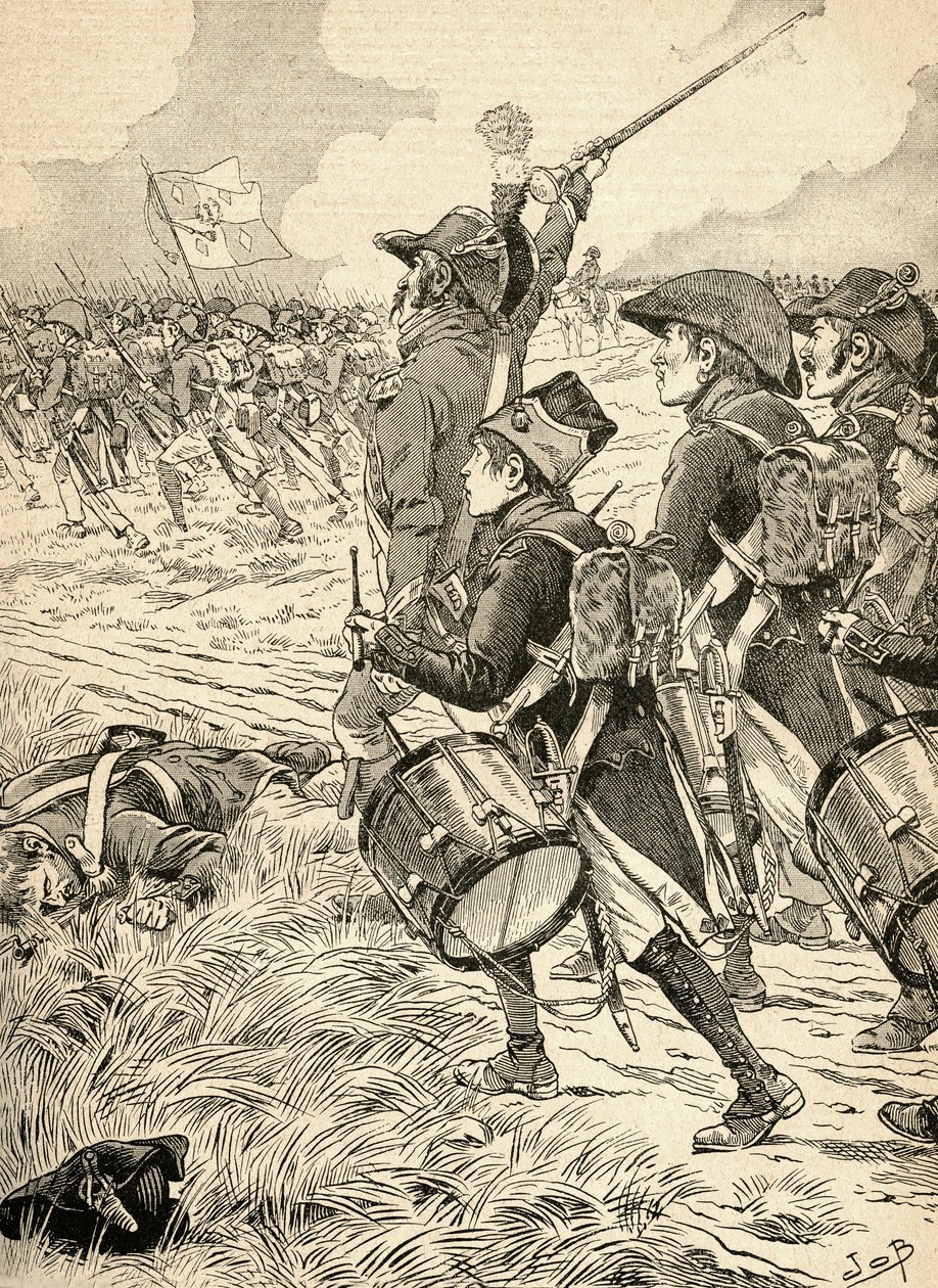 Bitwa pod Marengo we Włoszech w 1800 roku toczyła się między siłami francuskimi pod dowództwem Napoleona Bonaparte a Austriakami. Z Agenda Buvard du Bon Marche opublikowanej w 1917 r. autorstwa French School