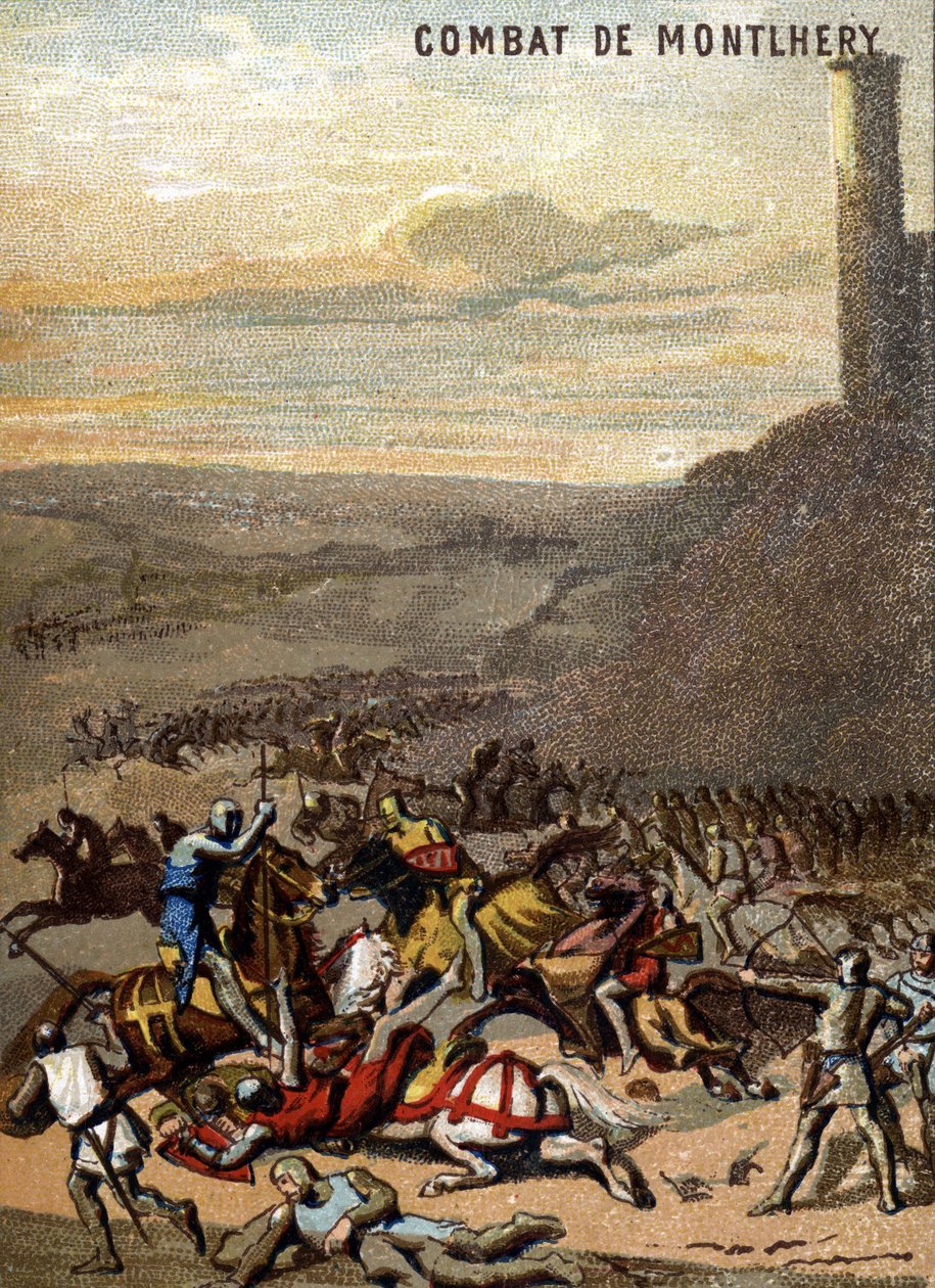 Bitwa pod Montlhery (1227): Królestwa i feodalit - Blanche de Castille, regentka jego syna Ludwika IX, matują bunt wielkiego feudalnego. Chromolitografia z cyklu „Wychowanie patriotyczne przez obraz”. autorstwa French School