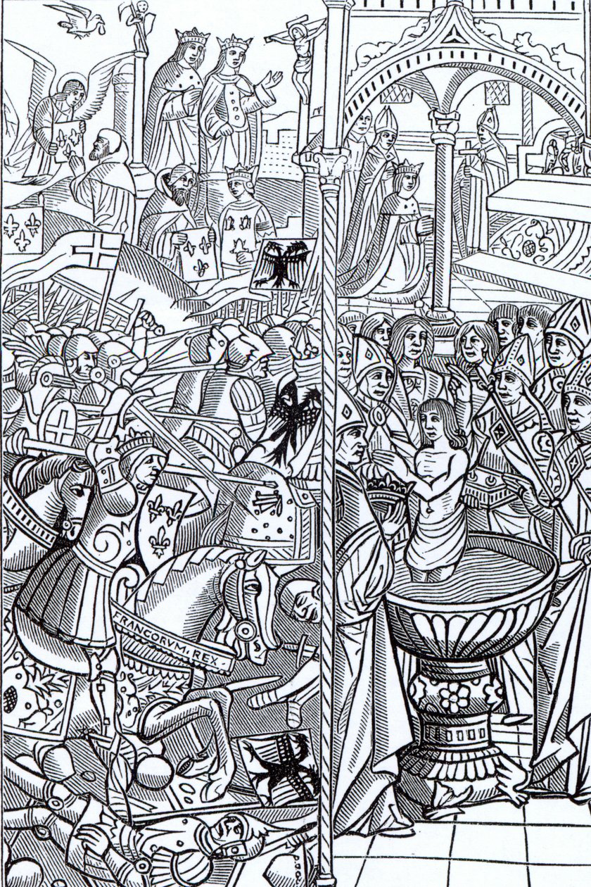 Bitwa pod Tolbiakiem i Chrzest króla Chlodwiga z „Mirouer Historial de France”, wydanej w 1516 r. autorstwa French School
