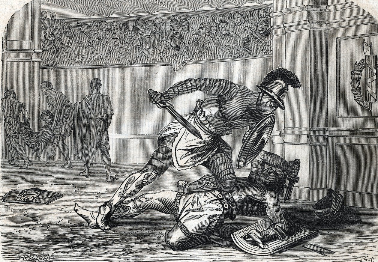 Bitwa gladiatorów na arenie (rycina) 1864 autorstwa French School