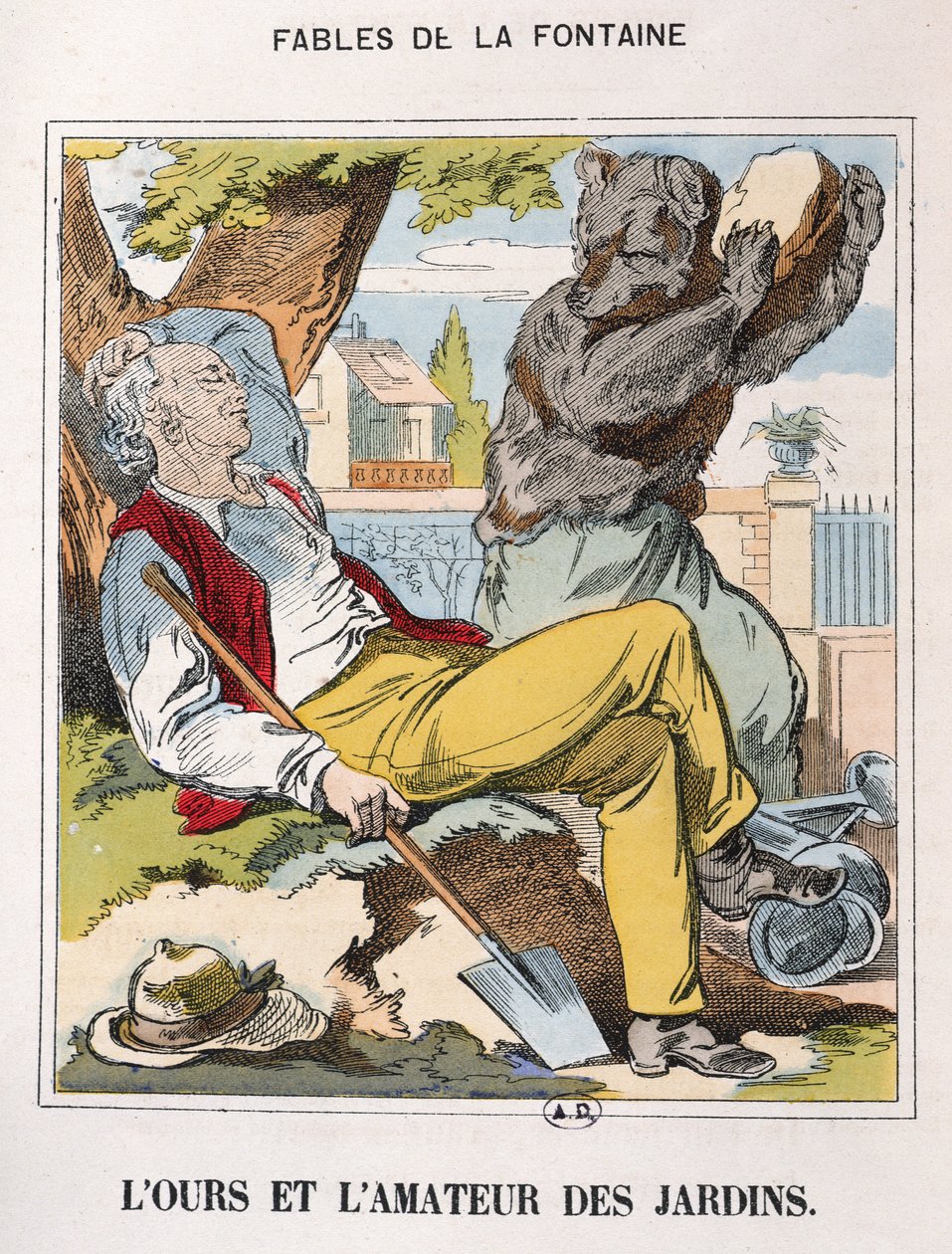 Niedźwiedź i ogrodnik z „Fables de La Fontaine” (kolorowy grawerunek) autorstwa French School
