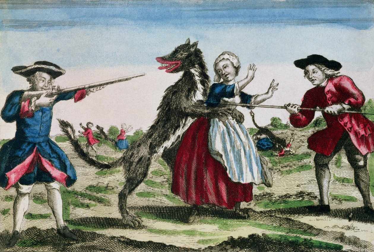 Bestia z Gevaudan, wyd. Basset, 1764 (kolor grawerowany) autorstwa French School