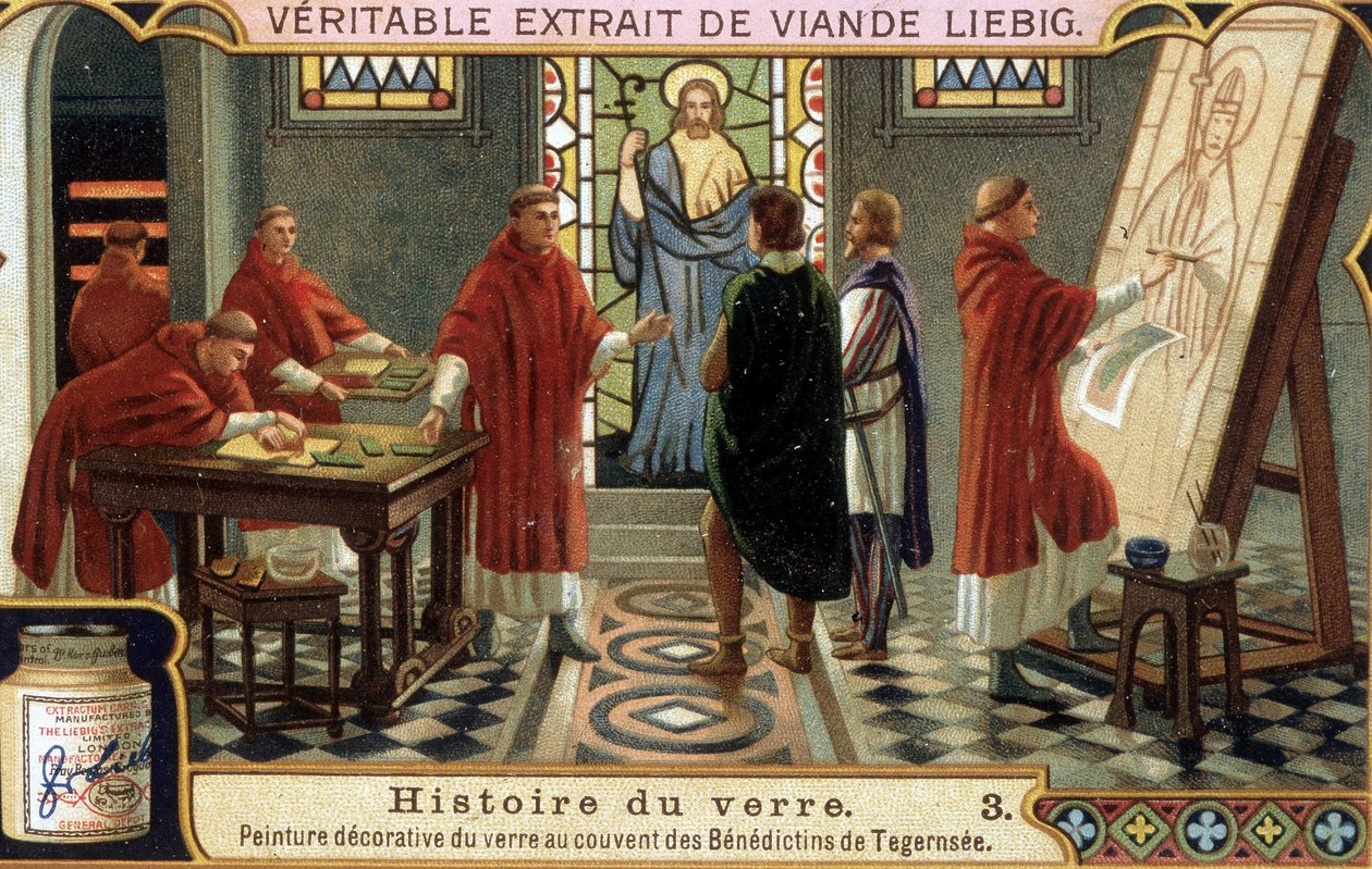 Szkło zdobią mnisi benedyktyni z klasztoru Tegernsee w Baviere (Niemcy). Chromolitografia Liebiga z XIX wieku. autorstwa French School