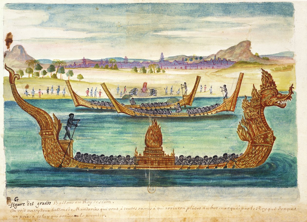 Łódki króla Syjamu, z relacji jezuitów w Syjamie, 1688 (wc na papierze) autorstwa French School