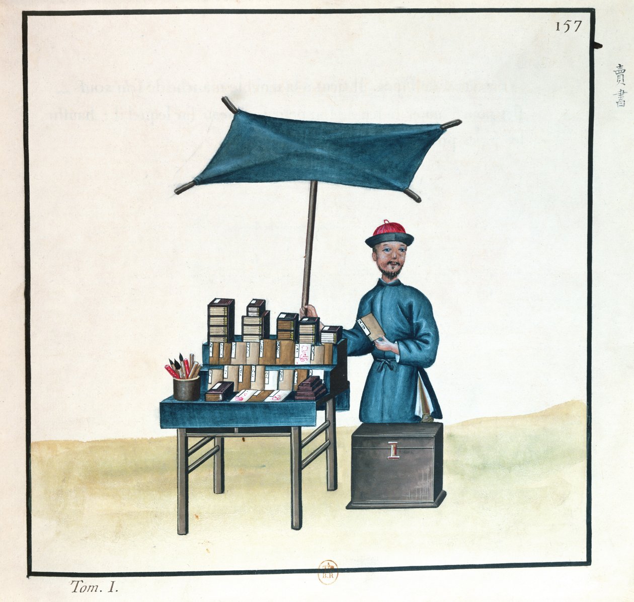 The Book Seller, z książki na ulicach Pekinu, ok. 1785 (toaleta i gwasz na papierze) autorstwa French School
