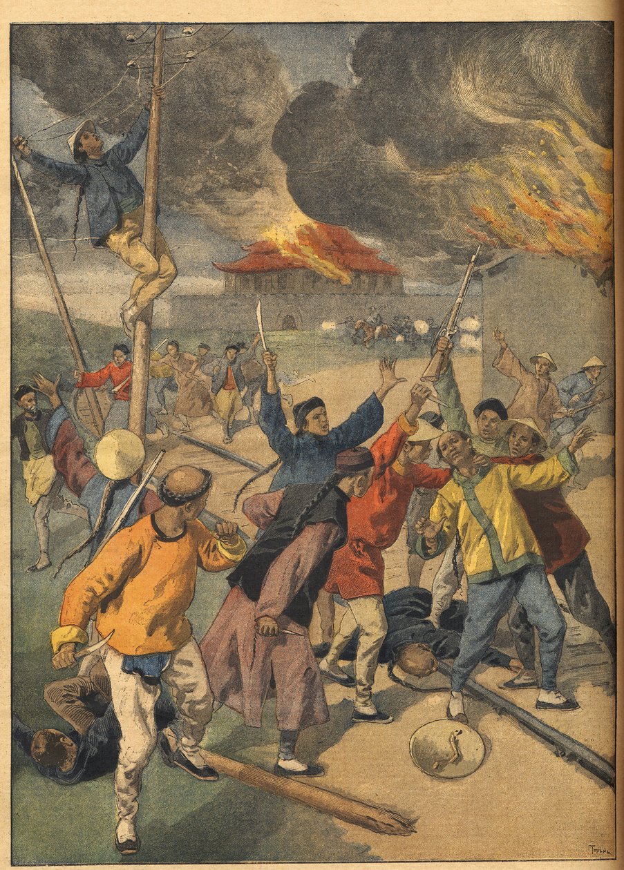 Rebelia bokserów w Chinach – wydarzenia w Chinach. Bokserki. Ilustracja do Le petit Journal, 24 czerwca 1900. autorstwa French School