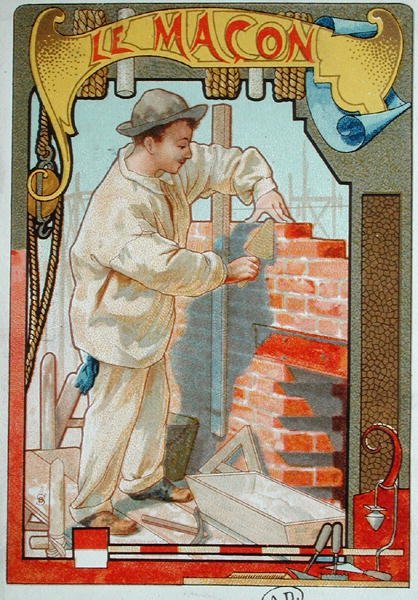 Murarz, ilustracja z książki o rzemiośle. ok. 1899 (kolor lito) autorstwa French School
