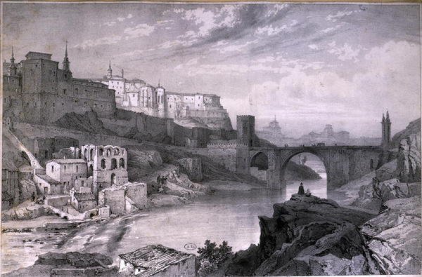 Most w Alcantara, Toledo (ołówek na papierze) autorstwa French School