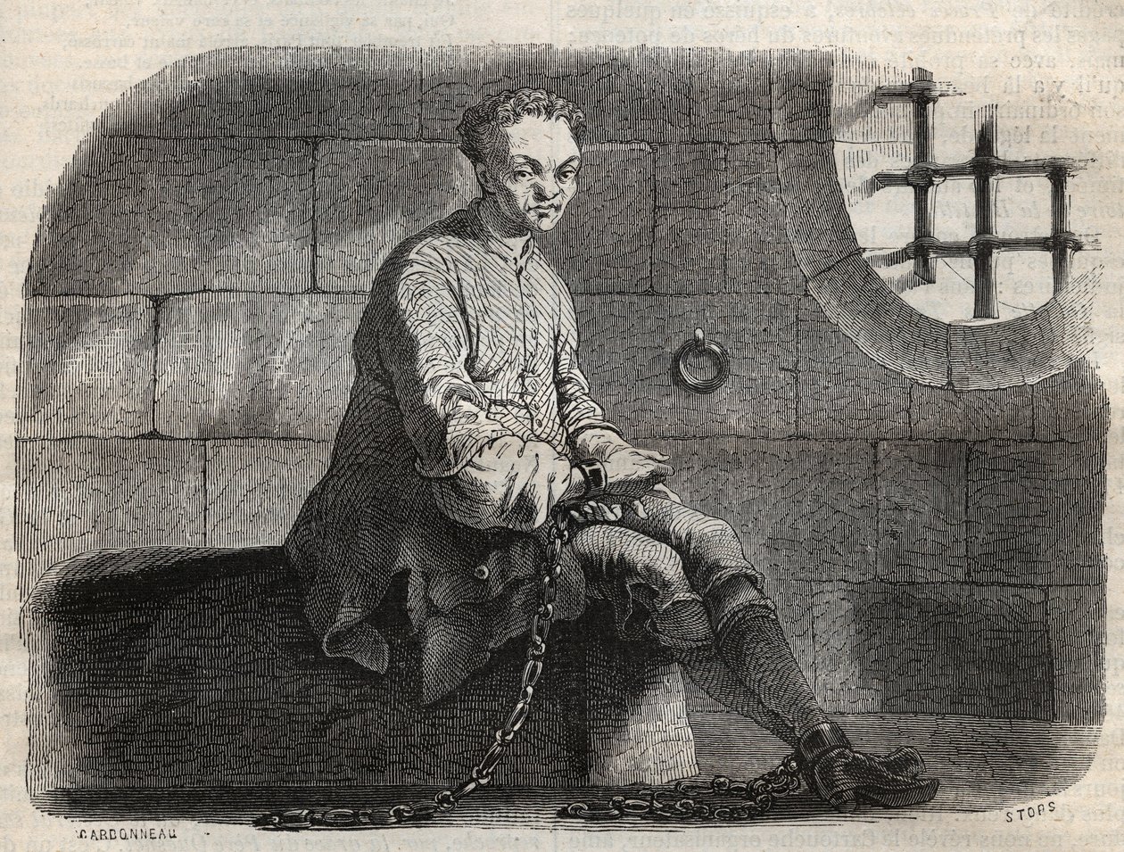 Brygand Louis Dominique Garthausen dit Cartridge (1693-1721) en więzienie - Grawerowanie w „Przyczyny celebres de tous les peuple” Armanda Fouquiera (1817-18?) 1858-1867 - kolekcja prywatna autorstwa French School