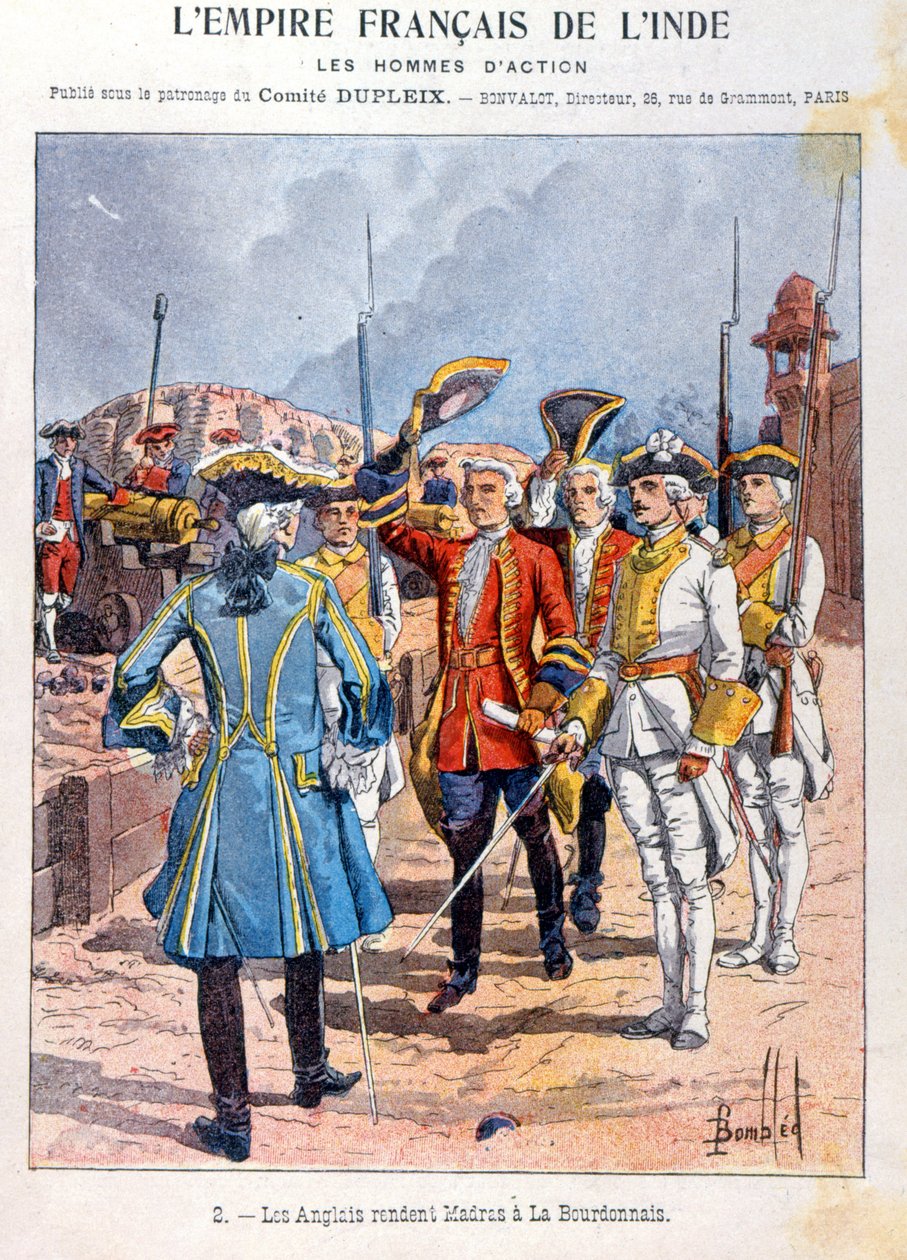 Brytyjczycy poddają Madras francuskiemu dowódcy Mahe de la Bourdonnais 21 września 1746 r., okładka szkolnego zeszytu ćwiczeń, ok. 1900 r. autorstwa French School