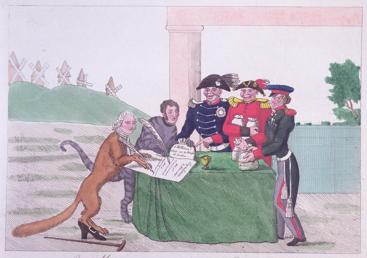 Kapitulacja, karykatura Charlesa Maurice de Talleyrand-Périgord (1754-1838) 30 marca 1814 autorstwa French School