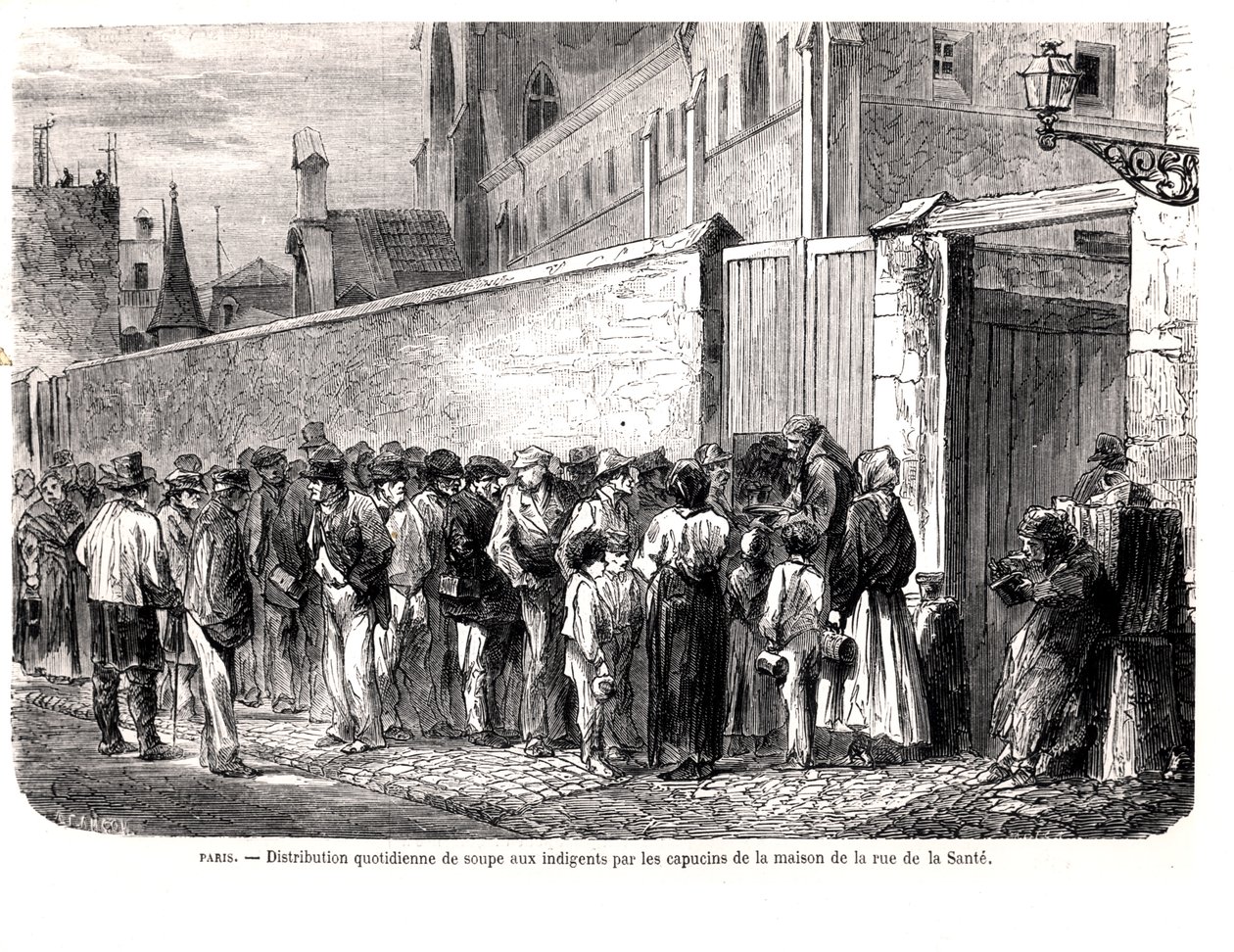 Kapucyni z rue de la Sante Rozdawanie ubogim codziennej zupy, z Le Monde Illustre, 1860 autorstwa French School