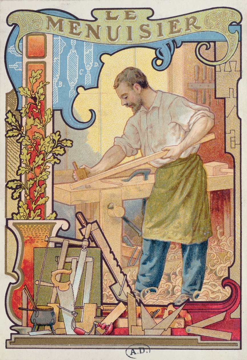 Cieśla, ilustracja z księgi o rzemiośle, ok.1899 autorstwa French School
