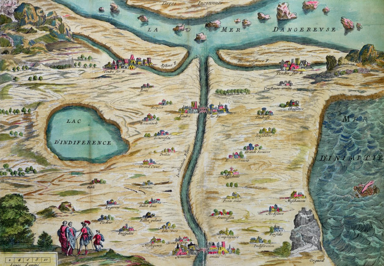 Carte du Tendre, mapa wyimaginowanego kraju z tomu II Clelie napisana przez Mademoiselle de Scudery, rytowana przez Francois Chauveau (1613-76) 1656 autorstwa French School