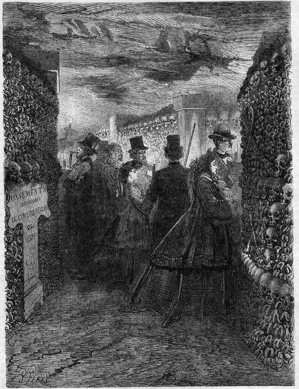 Katakumby Paryża w 1865 roku: Wizyta w galeriach Ossuaire. autorstwa French School