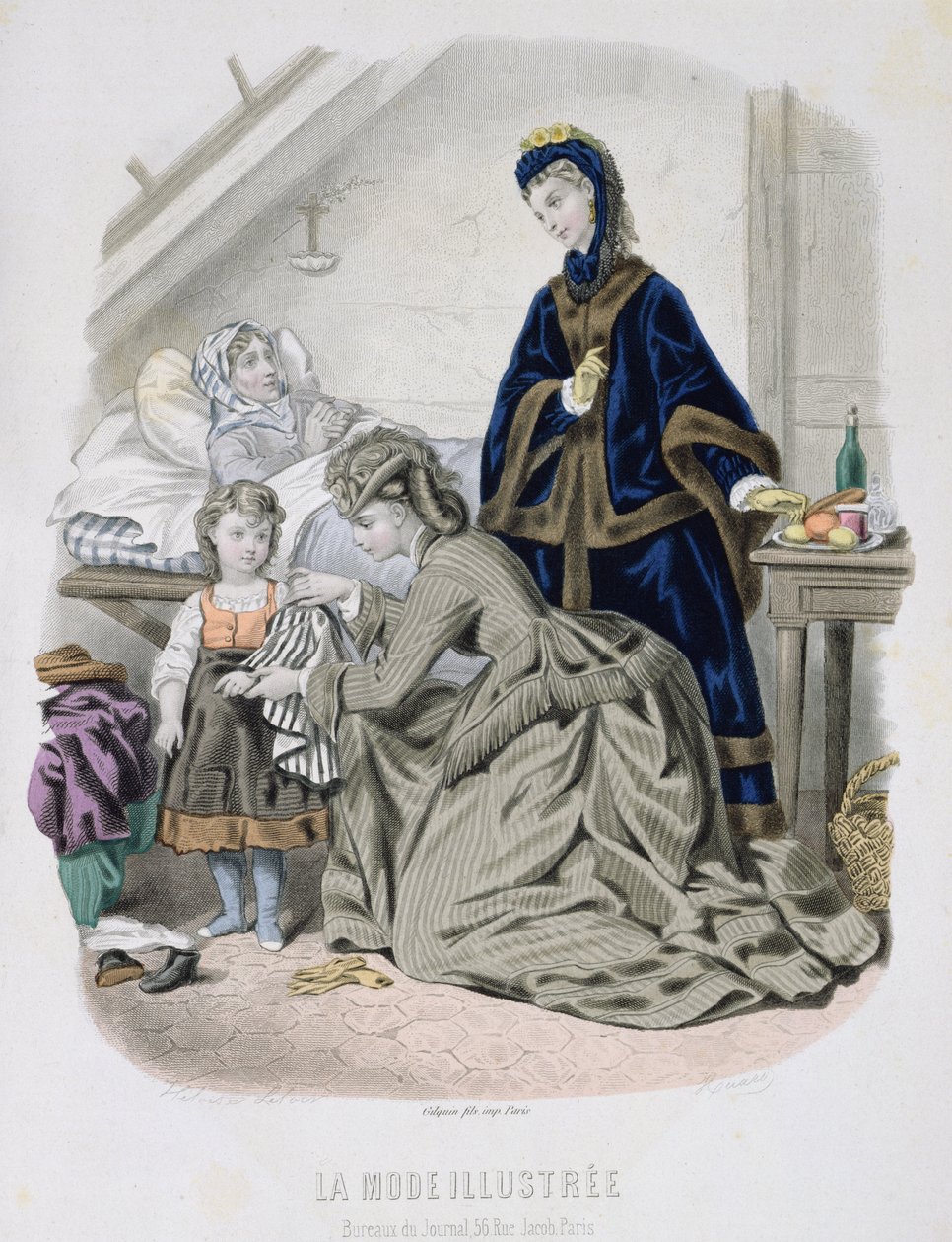 Wizyta charytatywna, ilustracja z La Mode Illustree, ok. 1870 (kolorowa grawerunek) autorstwa French School