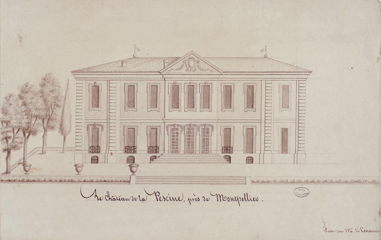Chateau de la Piscine, niedaleko Montpellier, narysowany przez Monsieur de Cenani (ołówek i atrament na papierze) autorstwa French School
