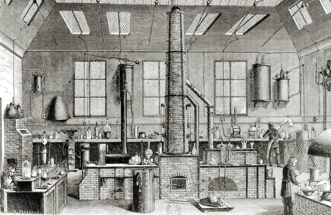 Laboratorium Chemiczne Szkoły w Paryżu, z Almanach du Magasin Pittoresque, 1870 autorstwa French School