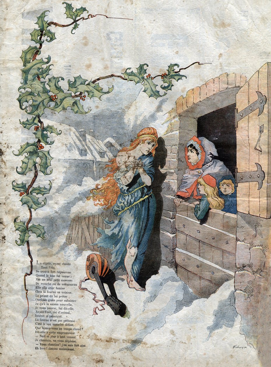Cigale i mrówka. Bajki Jean de La Fontaine (1621-95). Ilustracja przedstawiająca Micheleta SC. koniec XIX wieku. autorstwa French School