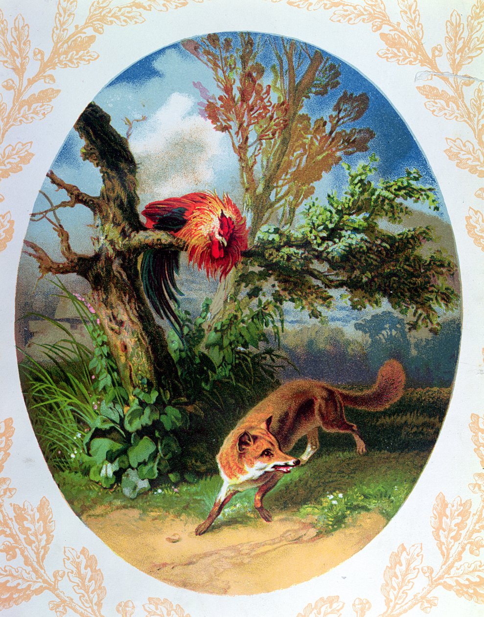 Kogucik i lis, ilustracja po bajce Jeana de la Fontaine (1621-95) ok. 1860-80 autorstwa French School