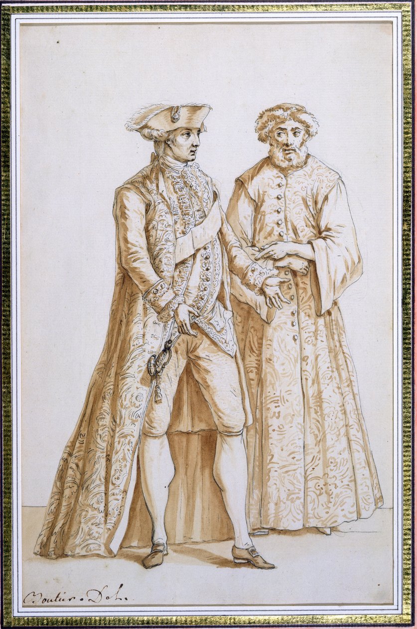 Hrabia de Saint-Priest, ambasador Francji przy Wzniosłej Porte w Konstantynopolu, 1768-84 ze swoim dragomanem (tłumaczem) (indyjski tusz i pranie na papierze) autorstwa French School