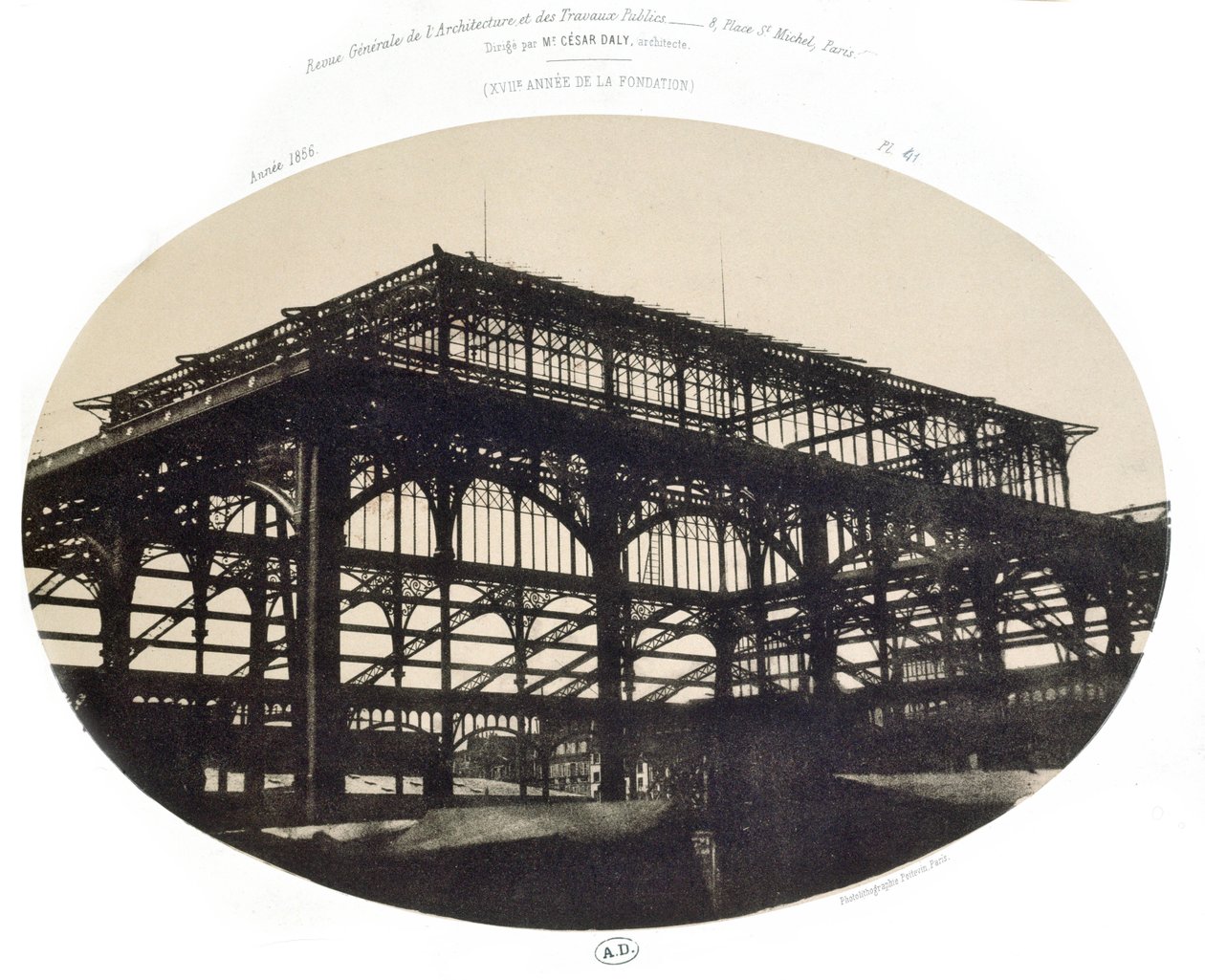 Budowa rynku centralnego w Halles, z Revue generale de larchitecture et des travaux publics, 1856 (fot. litho) autorstwa French School