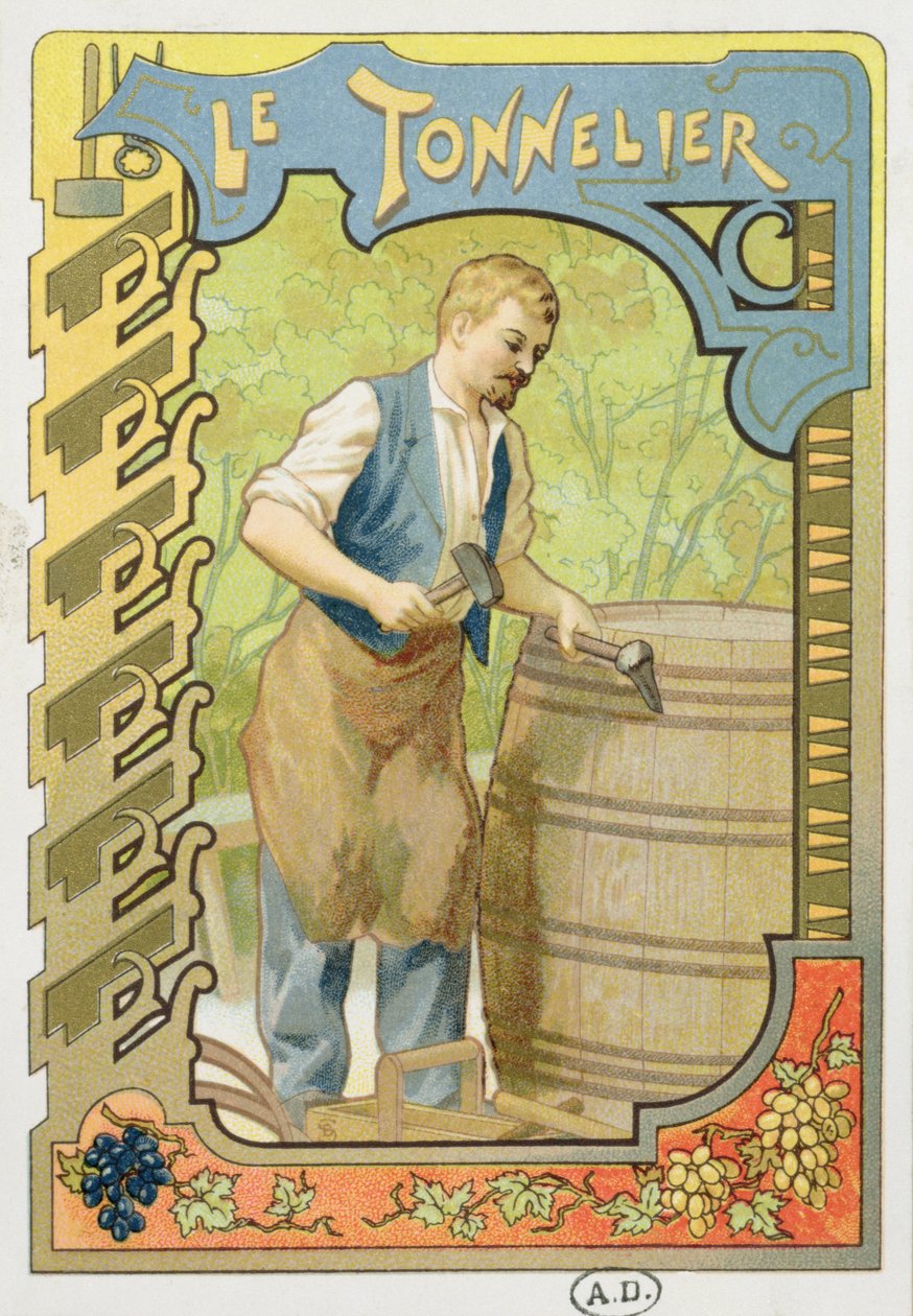 Bednarz, ilustracja z księgi o rzemiośle, ok.1899 autorstwa French School