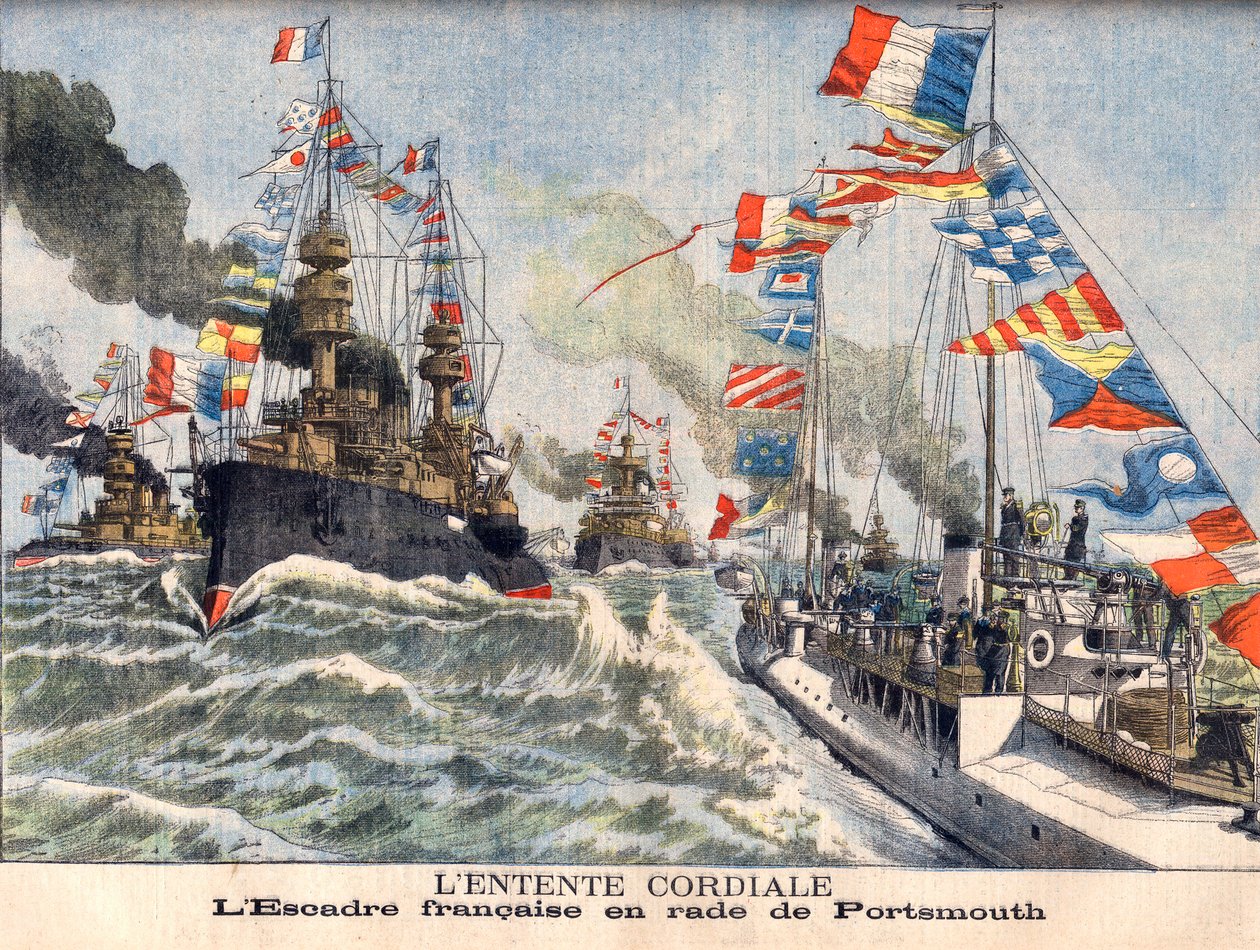 Ententa Serdeczna. Eskadra angielskiej marynarki wojennej w porcie Portsmouth. Ententa Serdeczna. Skrzydło francuskie w Portsmouth. Ilustracja do Le Petit Journal autorstwa French School