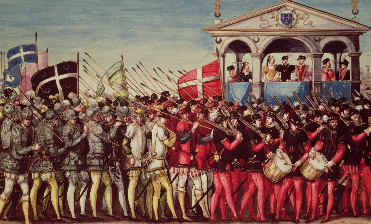 Orszak Perkusistów i Żołnierzy na Królewskim Festiwalu Wjazdowym Henryka II (1519-59) do Rouen, 1 października 1550 autorstwa French School