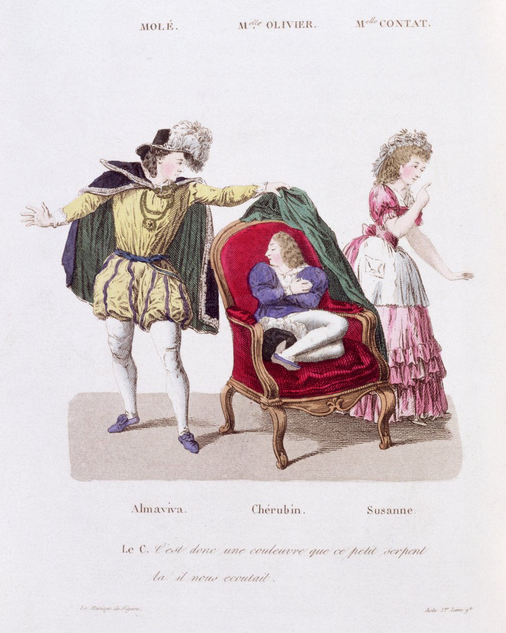 Hrabia odkrywa Cherubin, akt I, scena 9 z Wesela Figara Pierre Augustin Caron de Beamarchais (1732-99) autorstwa French School