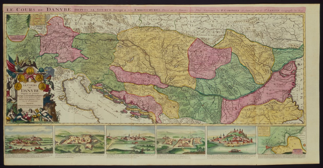 Bieg Dunaju od źródła do ust, na podstawie najnowszych wspomnień P. Coroneli i S. Sansona, geografa do króla (kolor lito) autorstwa French School