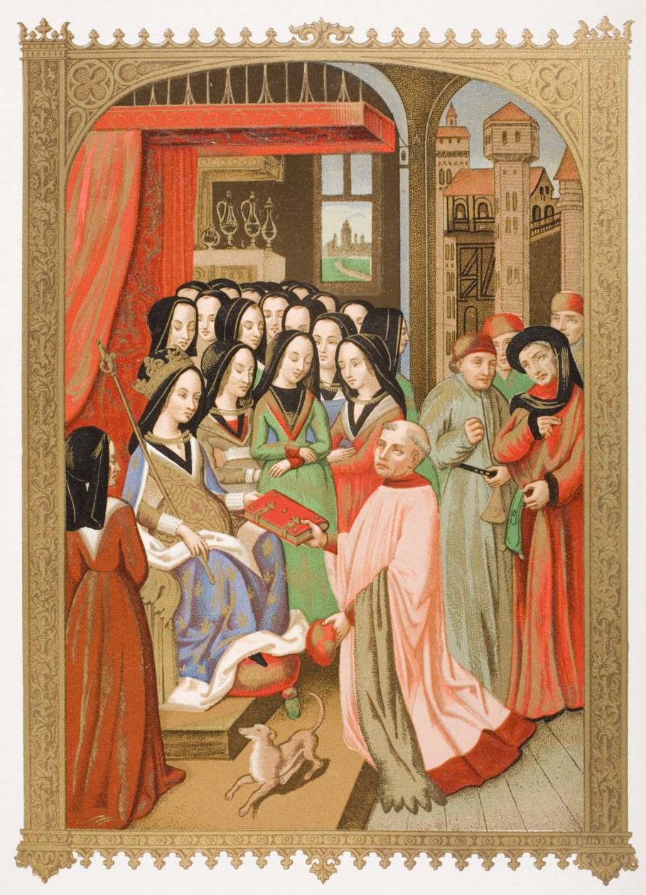Dwór Marii z Anjou (1404-63) faksymile miniatury z „Dwunastu niebezpieczeństw piekła”, z „Le Moyen Age et La Renaissance” Paula Lacroix (1806-84) opublikowanej w 1847 r. autorstwa French School