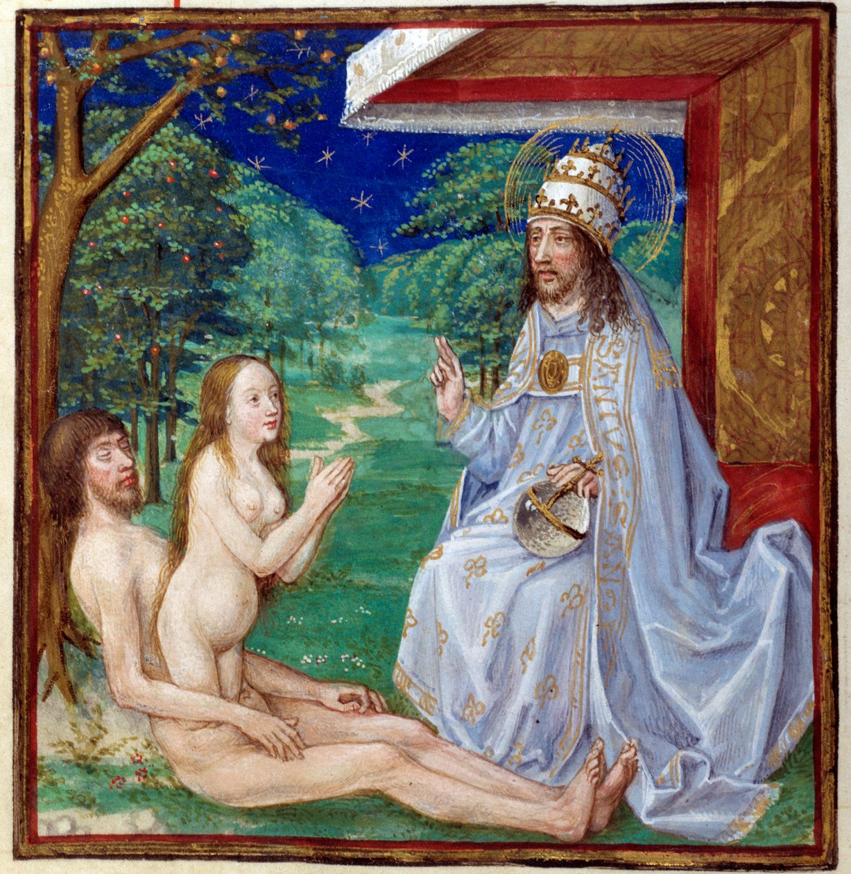 Stworzenie Ewy z Wybrzeża Adama w Ogrodzie Eden. Miniatura zaczerpnięta z „Zwierciadła ludzkiego zbawienia” lansowanego przez szkołę francuską XV wieku. Chantilly, Muzeum Conde autorstwa French School