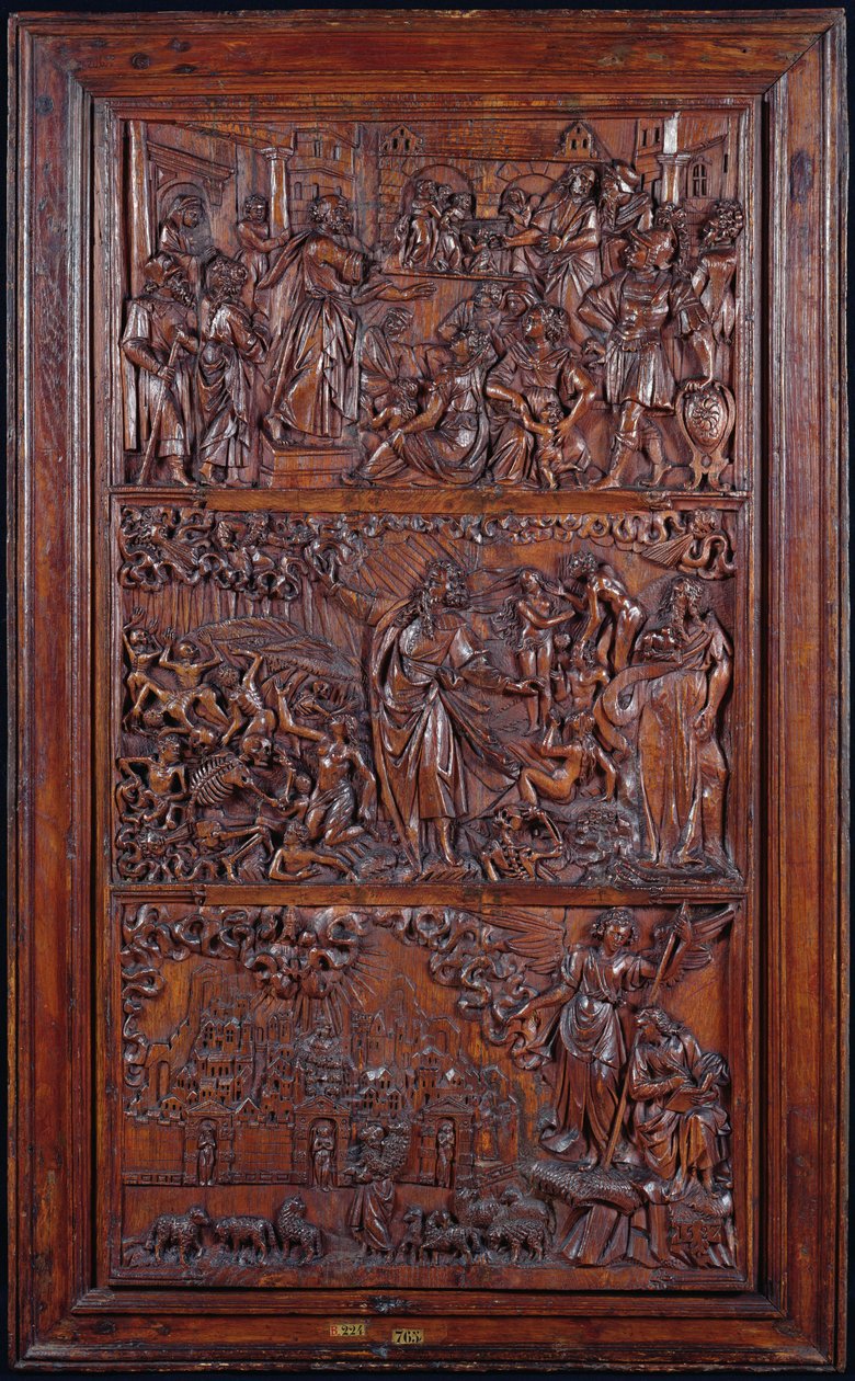 Credo, Panel IV: Odpuszczenie grzechów, Wizja Ezechiela suchych kości i Wizja św. Jana Jerozolimy, 1587 (drewno) (patrz także 414036-8) autorstwa French School