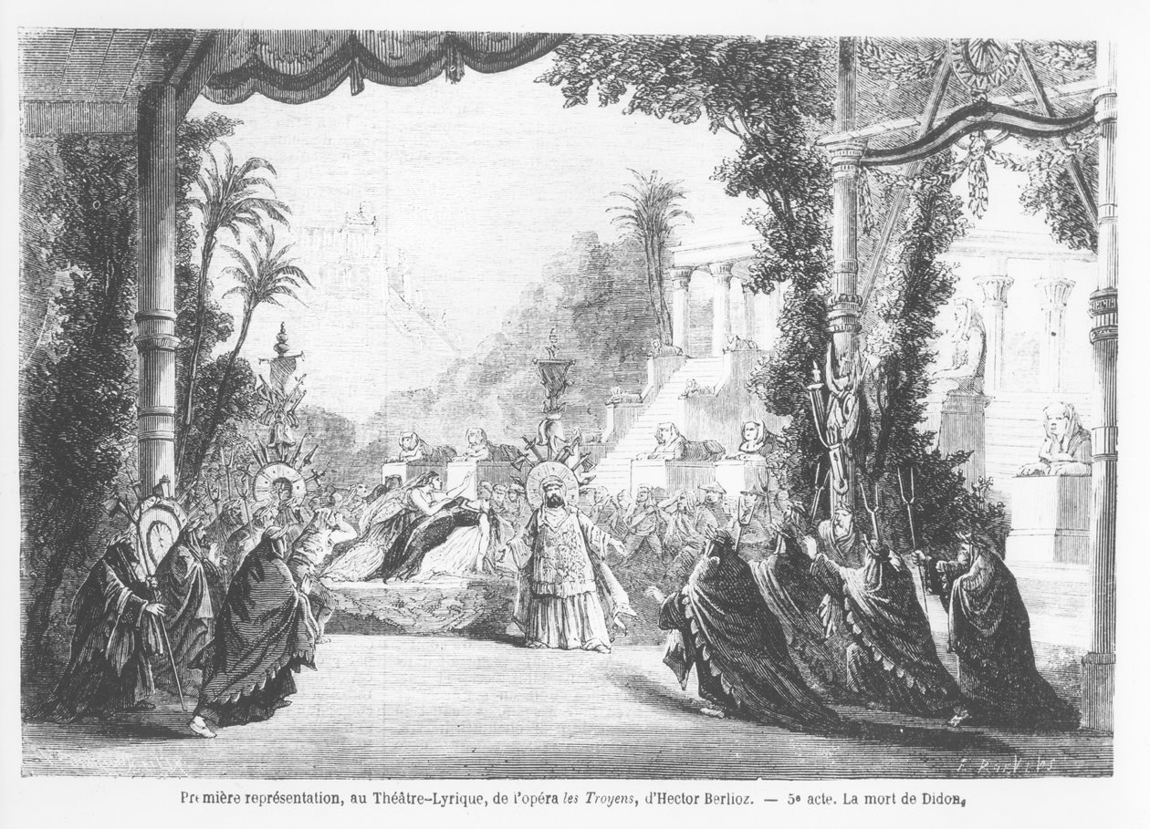 Śmierć Dydony, prawykonanie Les Troyens Hectora Berlioza (1803-69) w Theatre Lyrique w Paryżu, z Le Monde Illustre, 14 listopada 1863 autorstwa French School