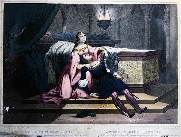 Śmierć Romea i Julii, c.1830 (kolor lito) autorstwa French School