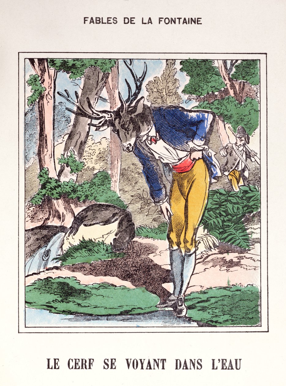 Jeleń widzący się w wodzie, z „Fables de La Fontaine” (kolorowy grawerunek) autorstwa French School