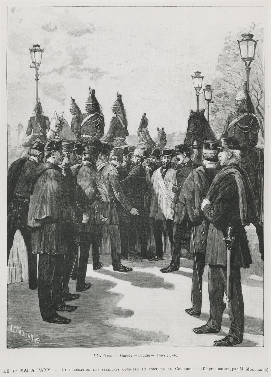 Delegacja Związków Zawodowych w Pont de la Concorde podczas demonstracji na 1 maja w Paryżu, 1 maja 1890, rycina L. Moulignie, ryt) autorstwa French School