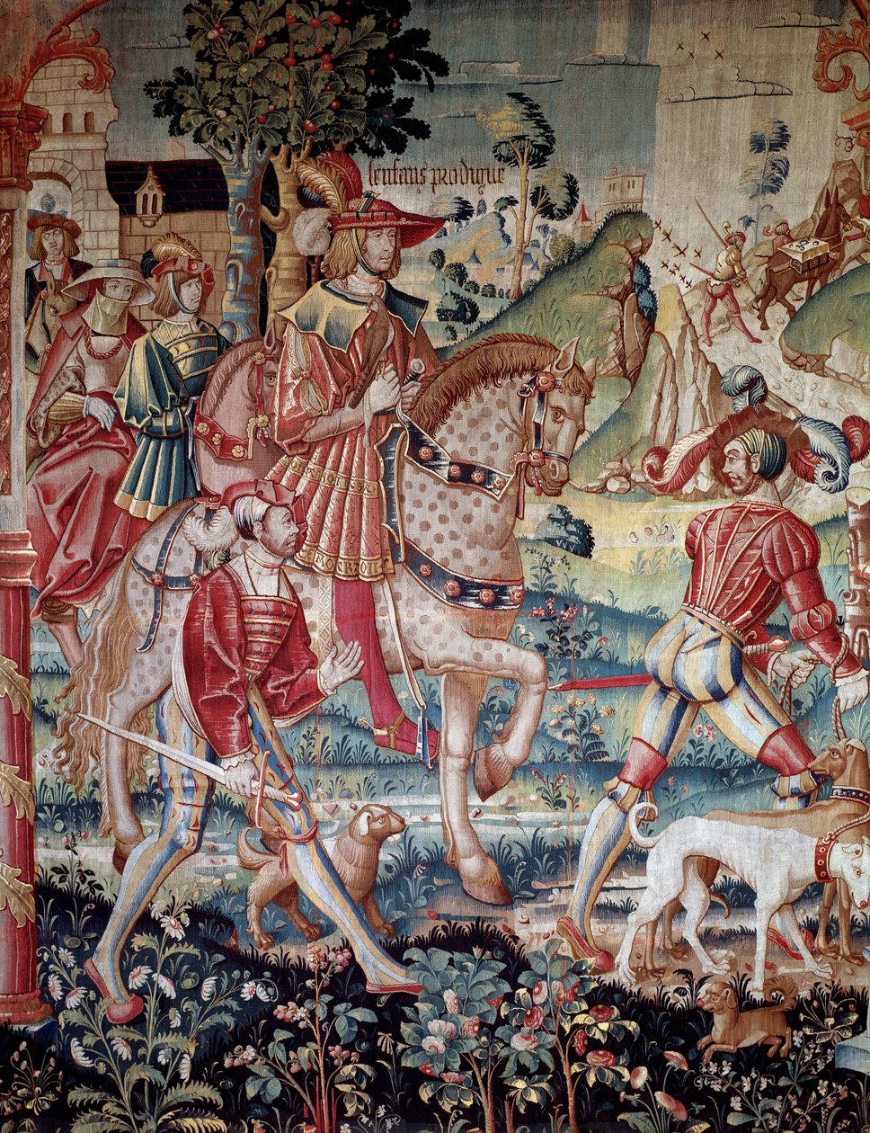 Odjazd prodigue Enfant Gobelin z wełny i jedwabiu wykonany w Tournai około 1520 r. Paryż, Narodowe Muzeum Średniowiecza, Thermes de Cluny autorstwa French School