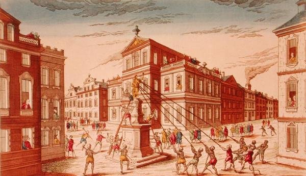Zniszczenie posągu królewskiego w Nowym Jorku, początek wojny o niepodległość autorstwa French School