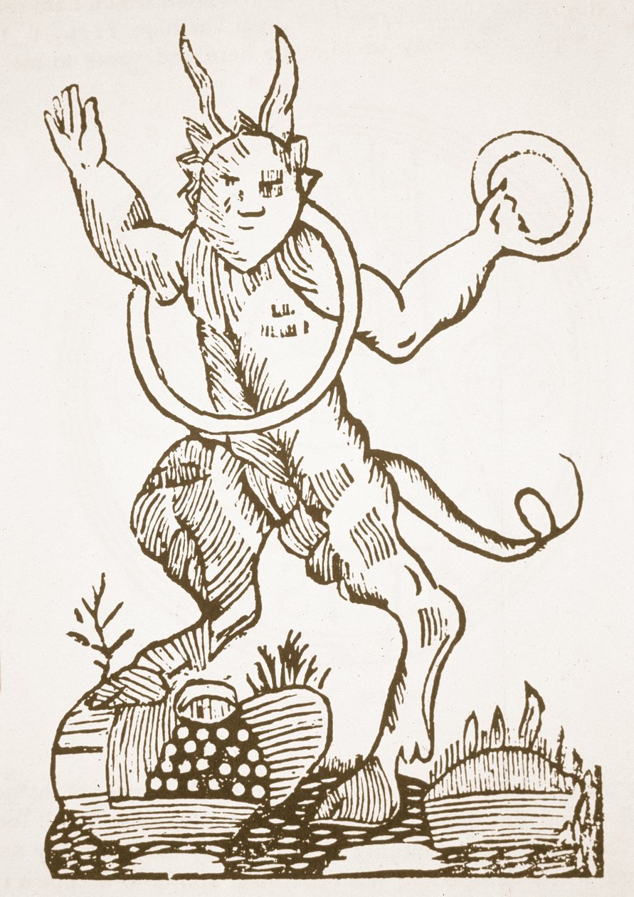 Diabeł wskazujący ukryte skarby, kopia ilustracji z Le Veritable Dragon Rouge, Lille 1521, wykorzystana w Historii magii, wydanej pod koniec XIX wieku autorstwa French School