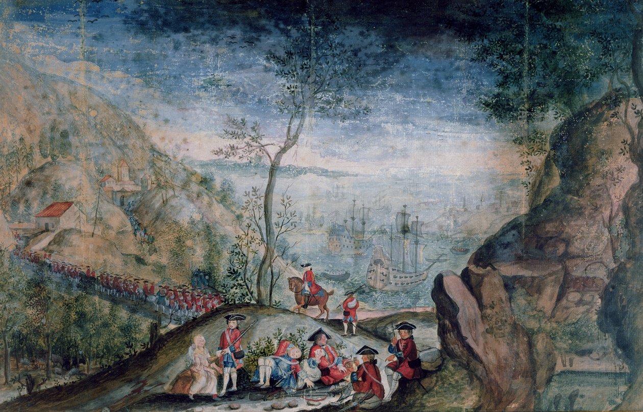 Wyokrętowanie 50 żołnierzy ze szwajcarskiego pułku Karrer w Louisbourg na wyspie Cap-Breton w latach 1722-33 (wc na papierze) autorstwa French School