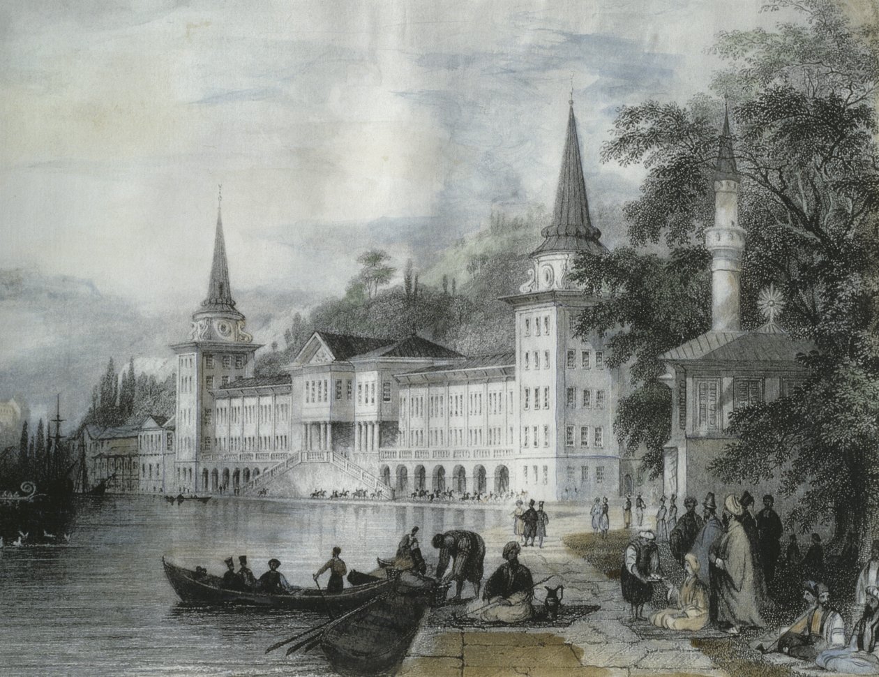 Pałac Dolmabahce nad Bosforem, 1840 (kolor grawerowany) autorstwa French School