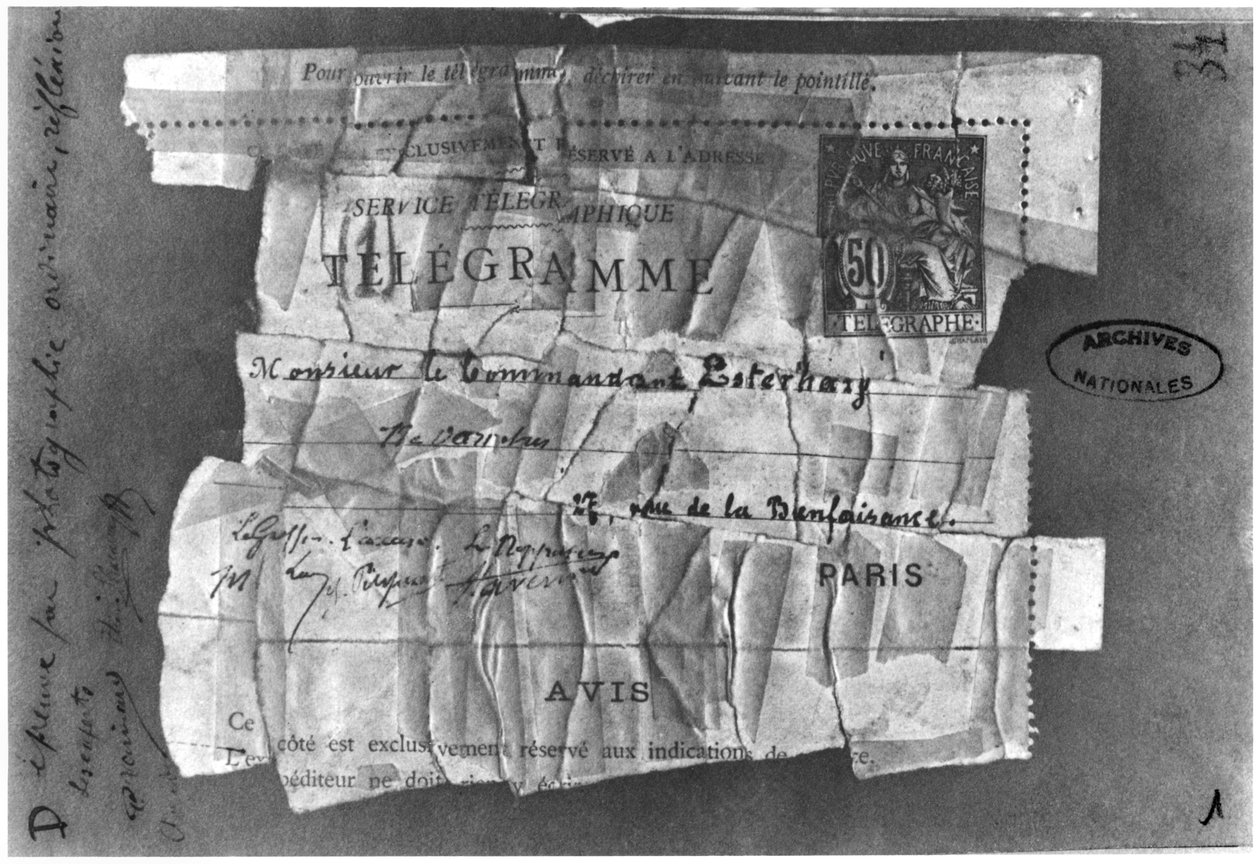 Afera Dreyfusa, 22 grudnia 1894, telegram wysłany do komendanta Esterhazy autorstwa French School