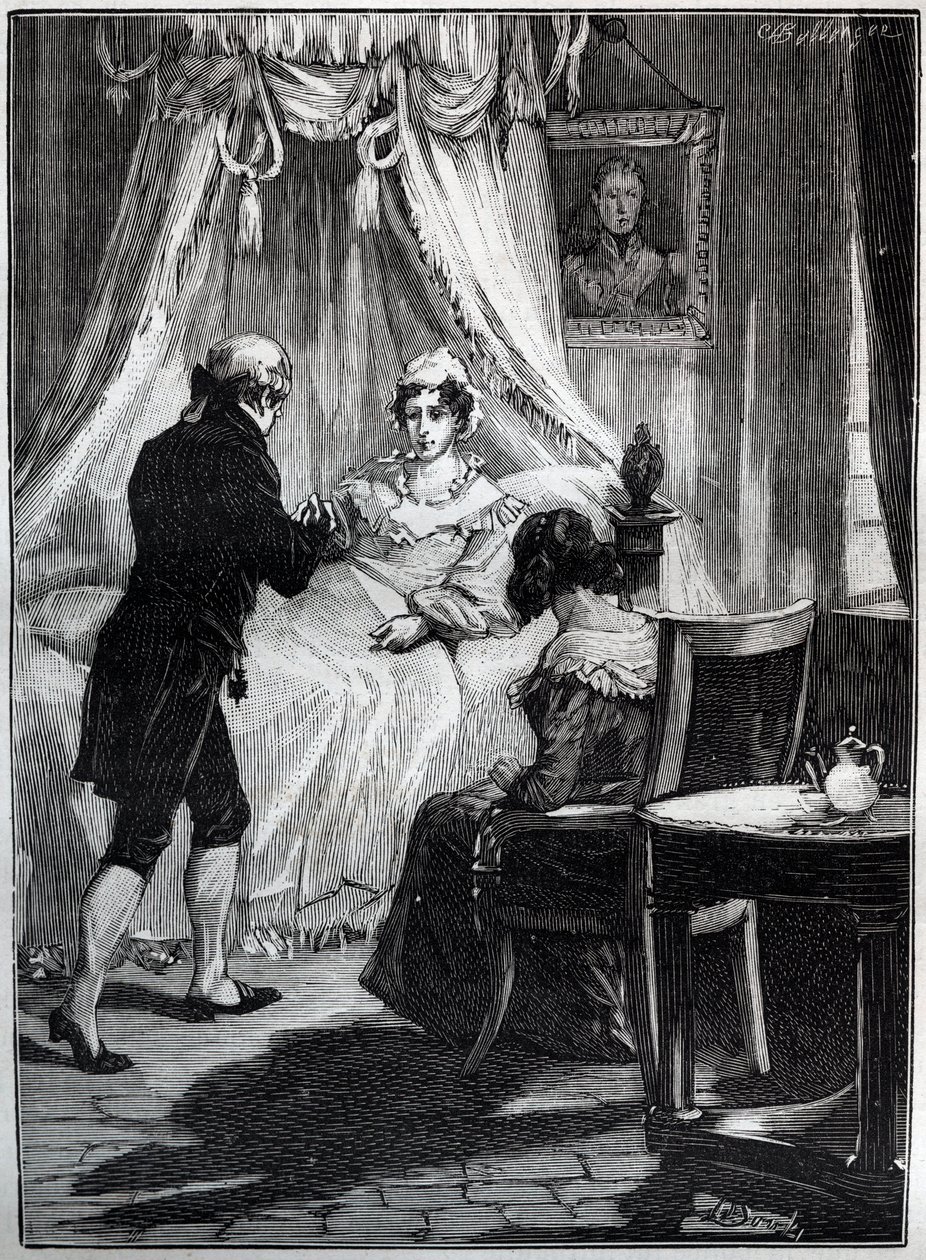 Księżna Berry (Marie Caroline, Princess of the Two Sycilies, Duchess of Berry (1798-1870) w Fortecy Blay przyjmuje doktora Louisa Charlesa Deneux (1767-1846) - Grawerowanie - autorstwa French School