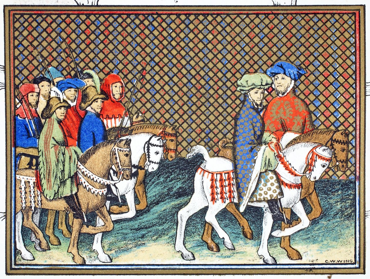 Książęta Exeter i Surrey wysłani przez Ryszarda II z zamku Conway do Chester w celu leczenia z księciem Lancaster, faksymile z Le Prinse et Mort du Roy Richart autorstwa Jeana Cretona, przedruk XIX autorstwa French School